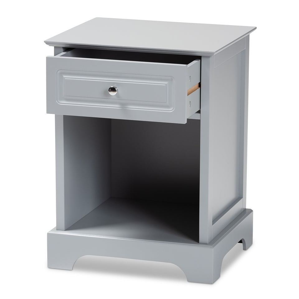 Chase modern transitional light grey finished 1-drawer wood nightstand.