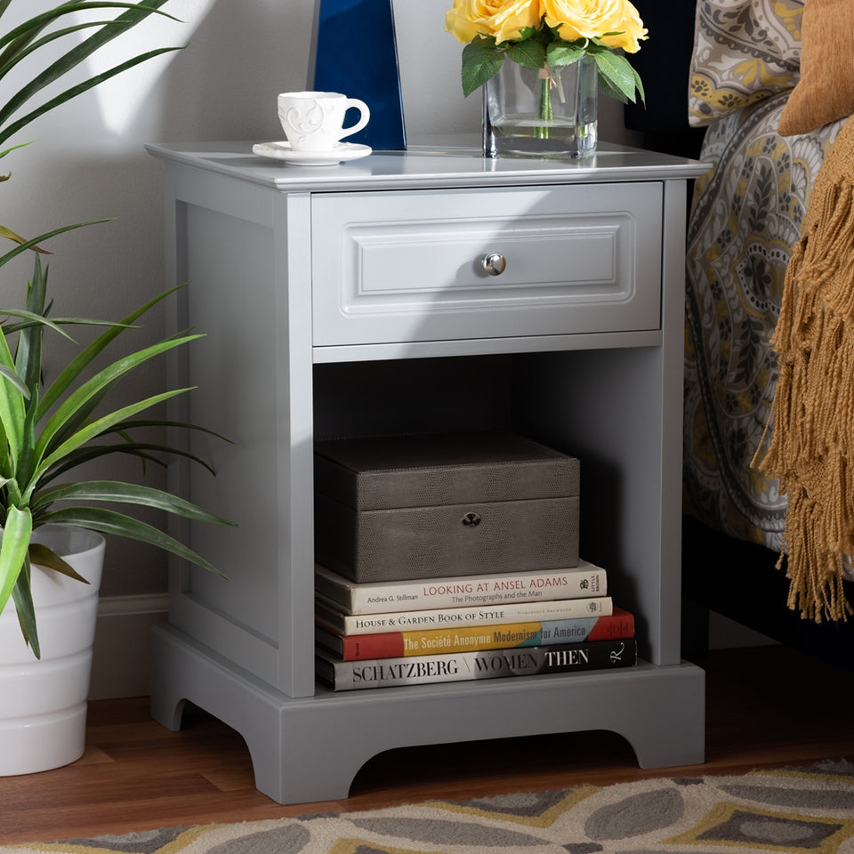 Chase modern transitional light grey finished 1-drawer wood nightstand.