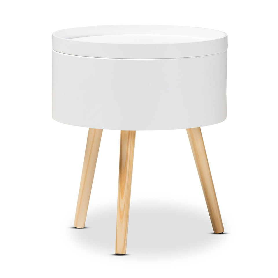 Jessen mid-century modern white wood nightstand with removable top.