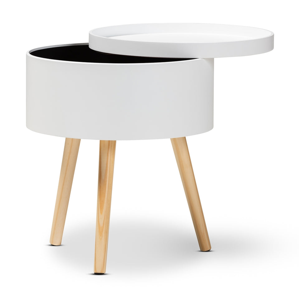 Jessen mid-century modern white wood nightstand with removable top.