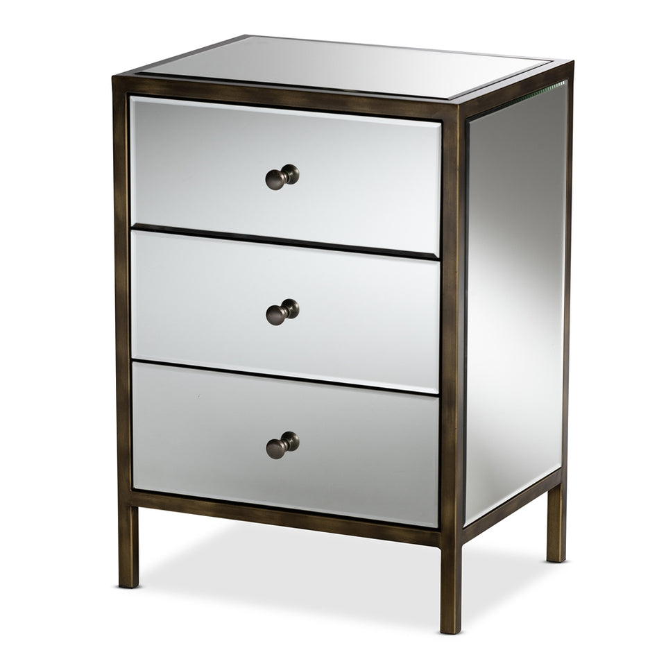 Nouria modern and contemporary hollywood regency glamour style mirrored three drawer nightstand bedside table.