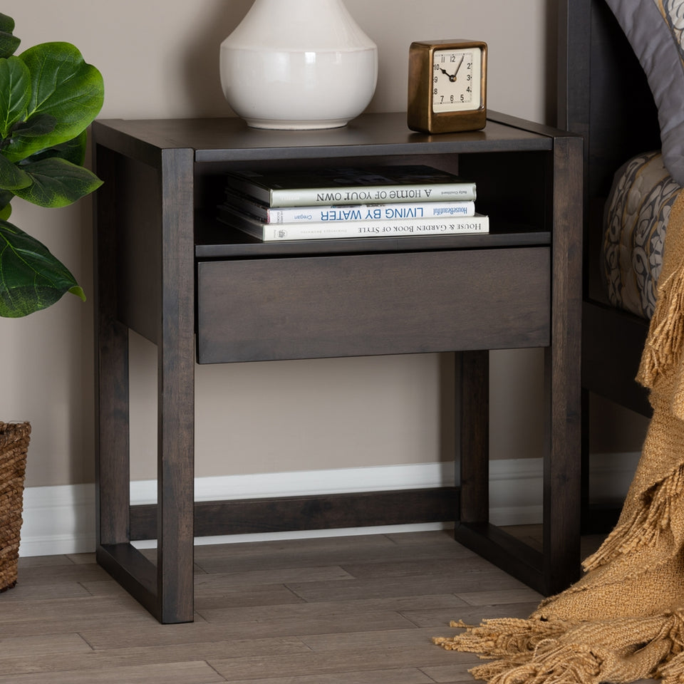 Inicio modern and contemporary ash brown finished 1-drawer wood nightstand.