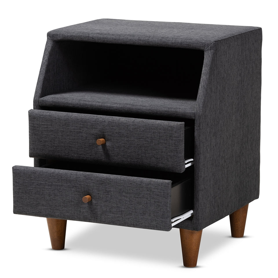 Claverie mid-century modern charcoal fabric upholstered 2-drawer wood nightstand.