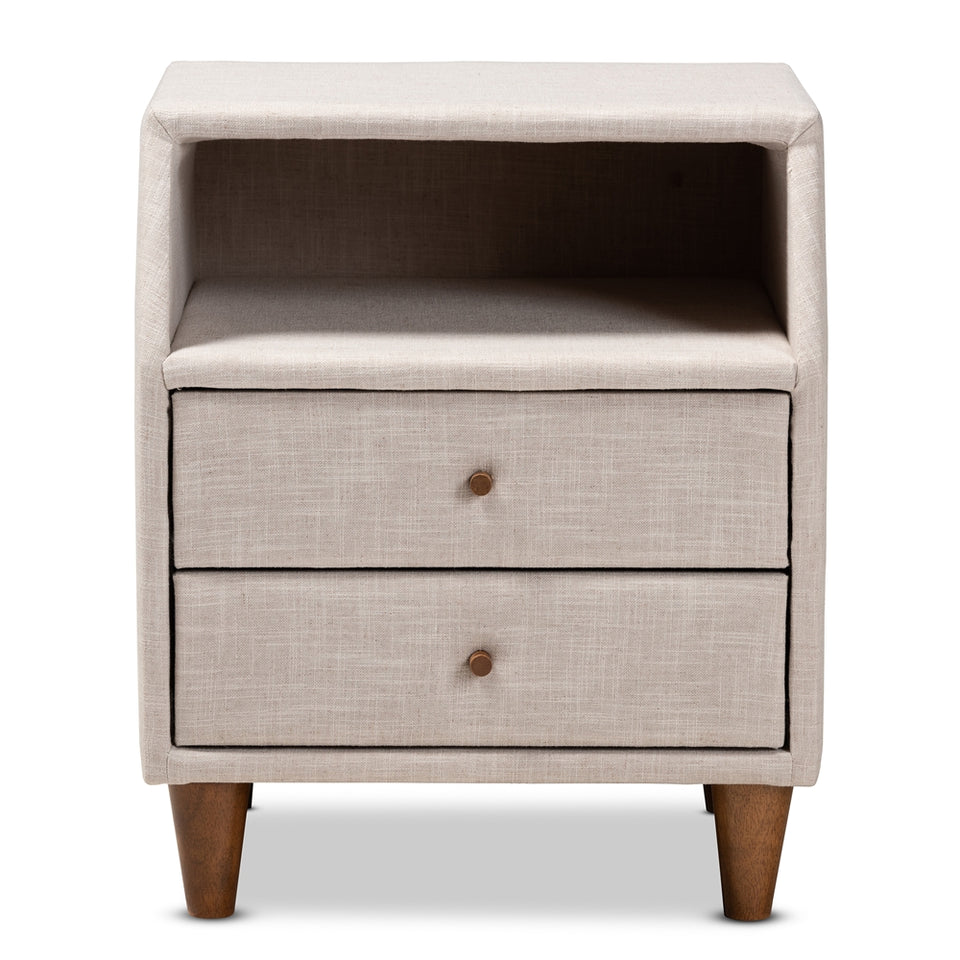 Claverie mid-century modern beige fabric upholstered 2-drawer wood nightstand.
