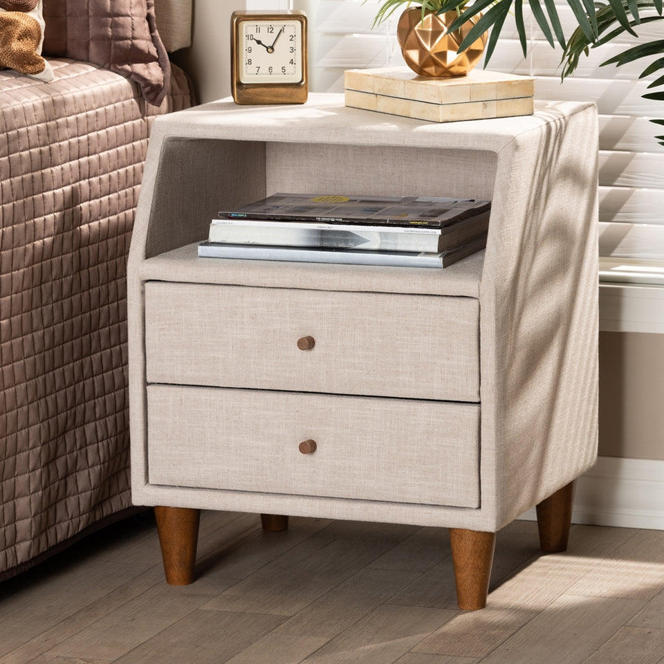 Claverie mid-century modern beige fabric upholstered 2-drawer wood nightstand.