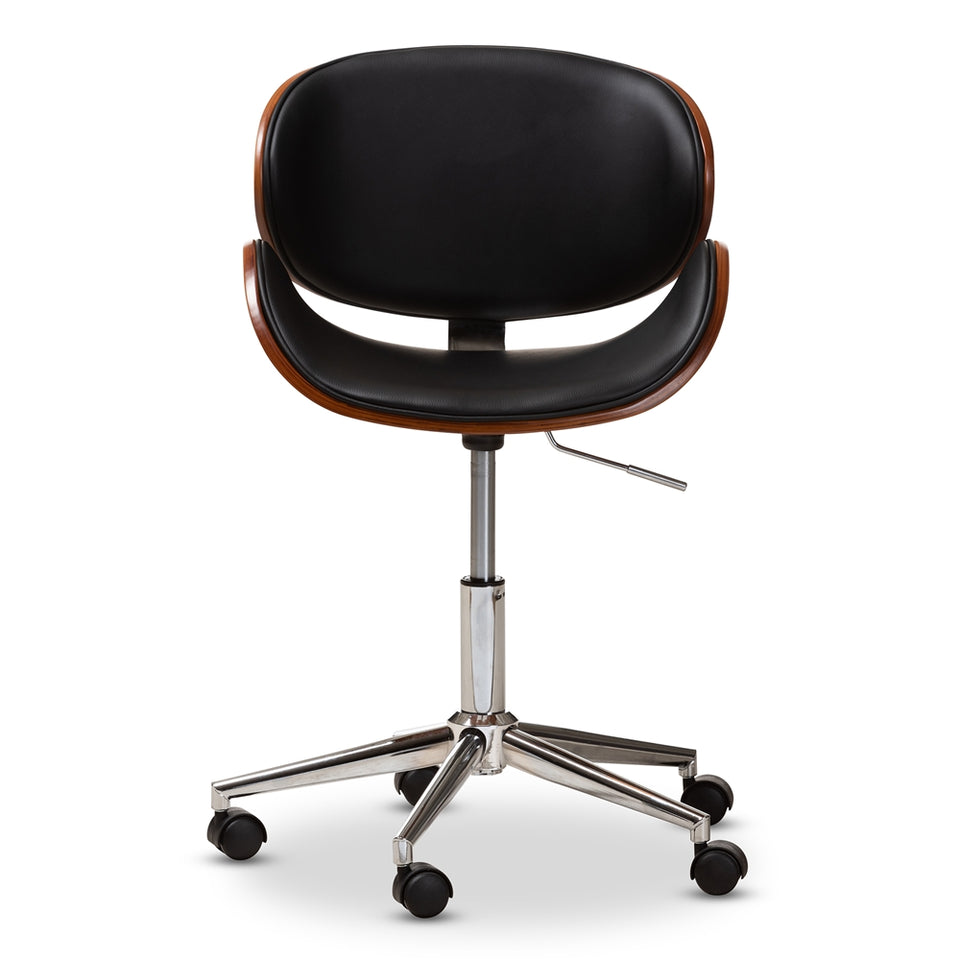 Ambrosio modern and contemporary black faux leather upholstered chrome-finished metal adjustable swivel office chair.