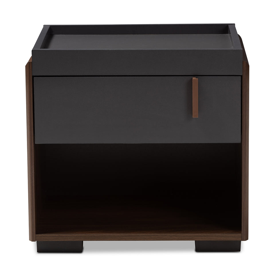 Rikke modern and contemporary two-tone gray and walnut finished wood 1-drawer nightstand.