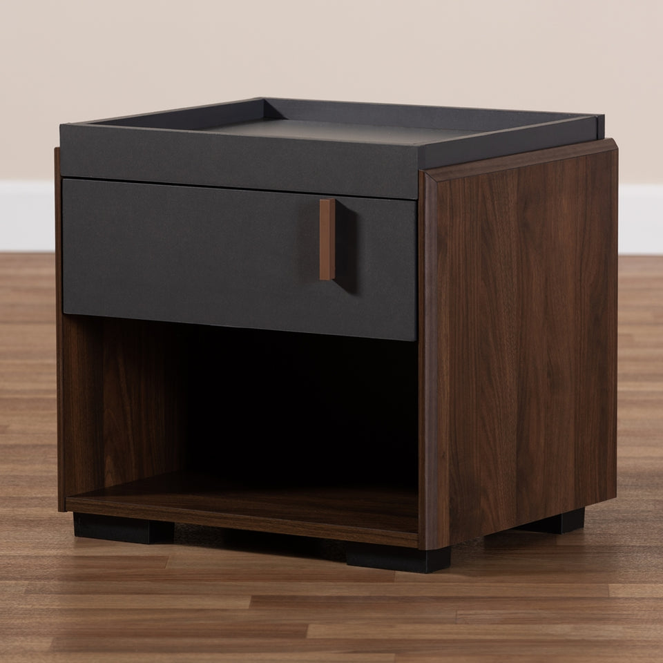 Rikke modern and contemporary two-tone gray and walnut finished wood 1-drawer nightstand.