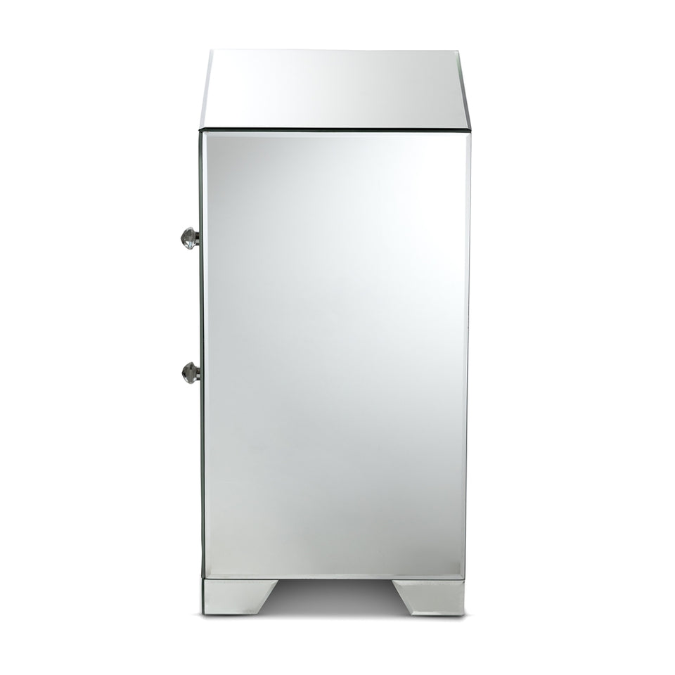 Mina modern and contemporary hollywood regency glamour style mirrored two drawer nightstand bedside table.