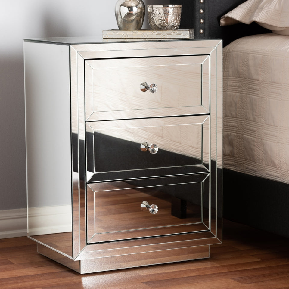 Lina modern and contemporary hollywood regency glamour style mirrored three drawer nightstand bedside table.