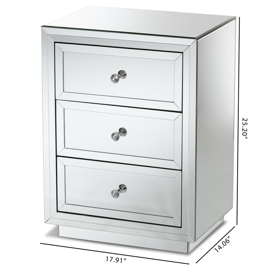 Lina modern and contemporary hollywood regency glamour style mirrored three drawer nightstand bedside table.