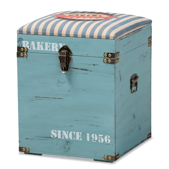 Caye vintage striped fabric upholstered light blue finished wood storage trunk ottoman.