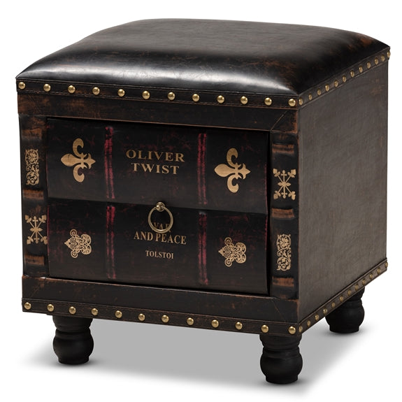 Charlier rustic antique storage ottoman with book spine drawer.