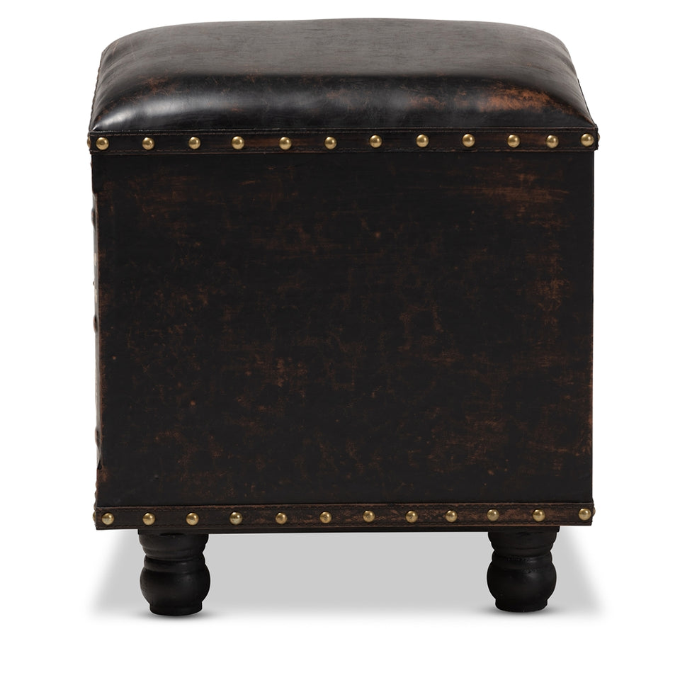 Charlier rustic antique storage ottoman with book spine drawer.