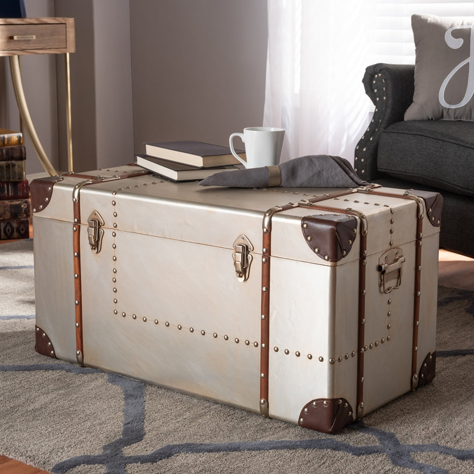 Bechet French industrial silver metal storage trunk.