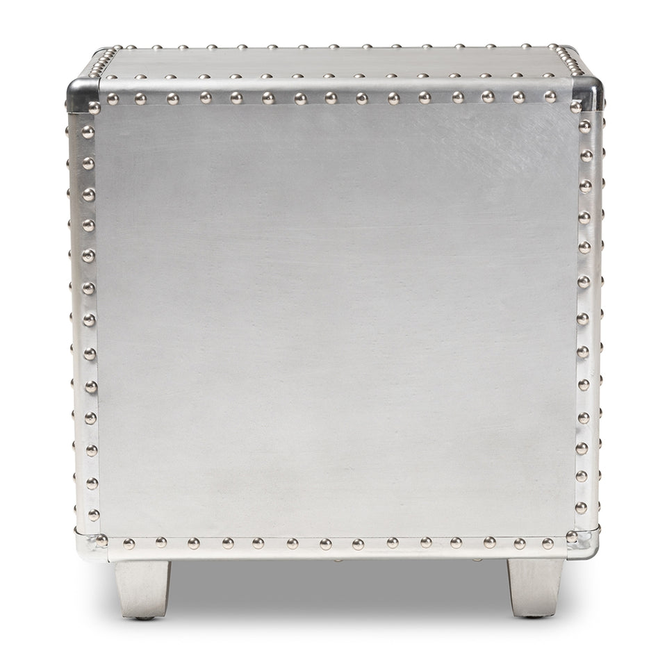 Davet french industrial silver metal 2-drawer nightstand.