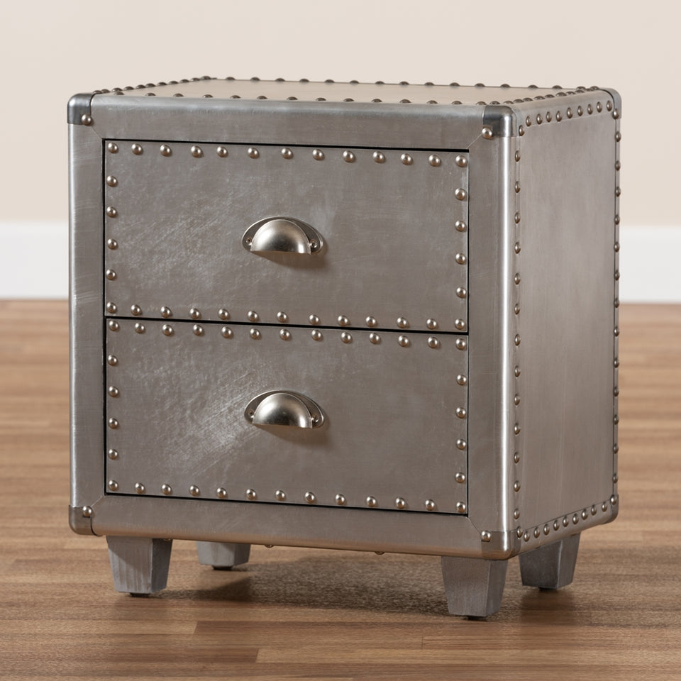 Davet french industrial silver metal 2-drawer nightstand.