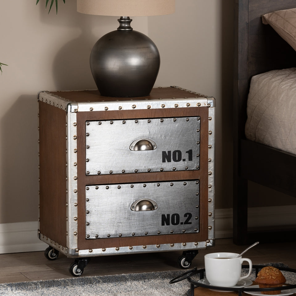 Avere French industrial brown wood and silver metal 2-drawer rolling nightstand.