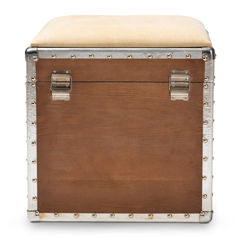 Violetta vintage industrial fabric upholstered wood storage trunk ottoman.
