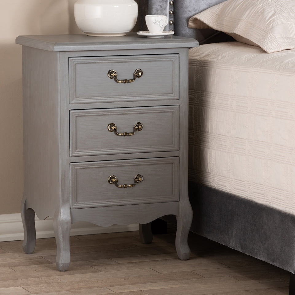 Capucine antique French country cottage grey finished wood 3-drawer nightstand.