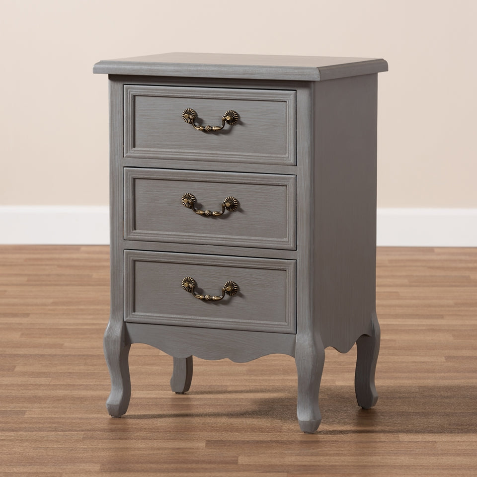 Capucine antique French country cottage grey finished wood 3-drawer nightstand.
