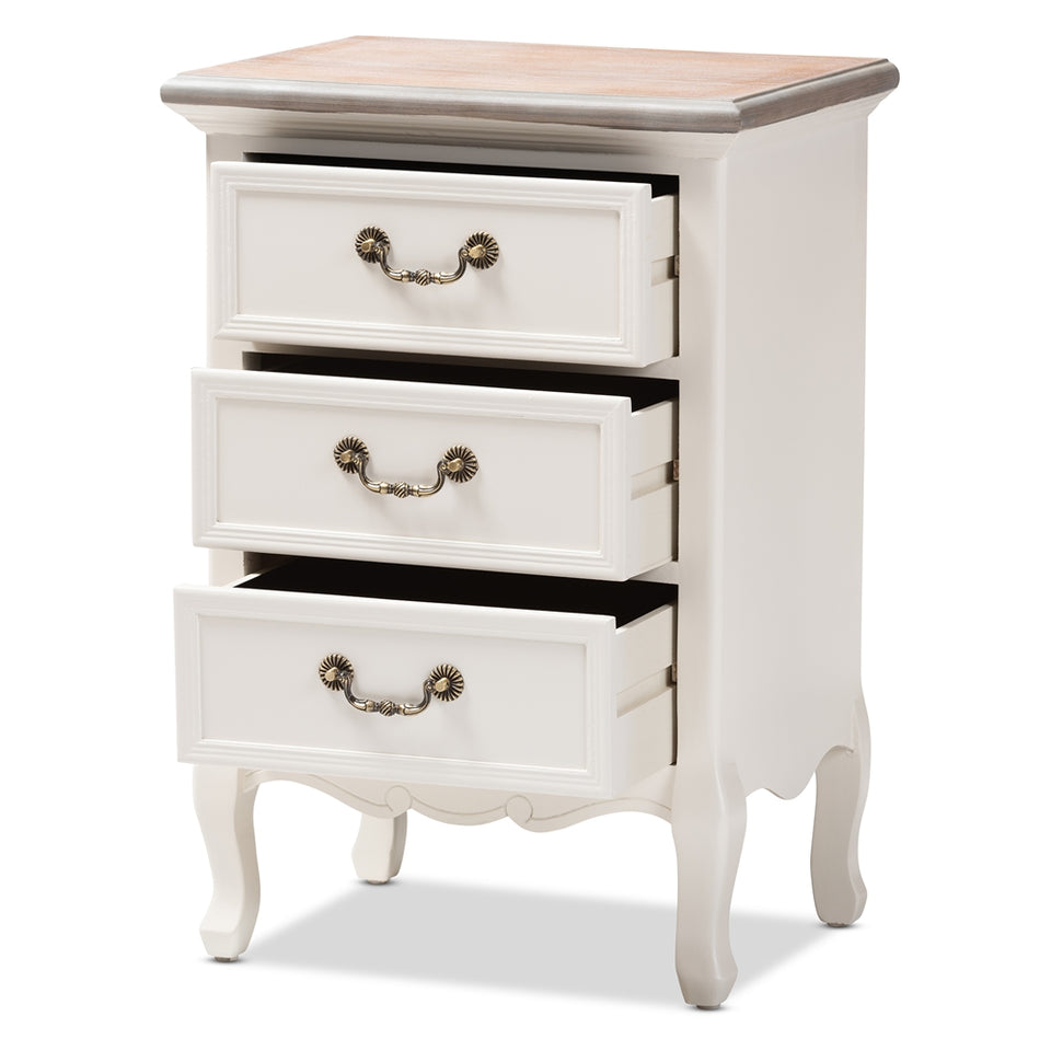 Capucine antique french country cottage two tone natural whitewashed oak and white finished wood 3-drawer nightstand.
