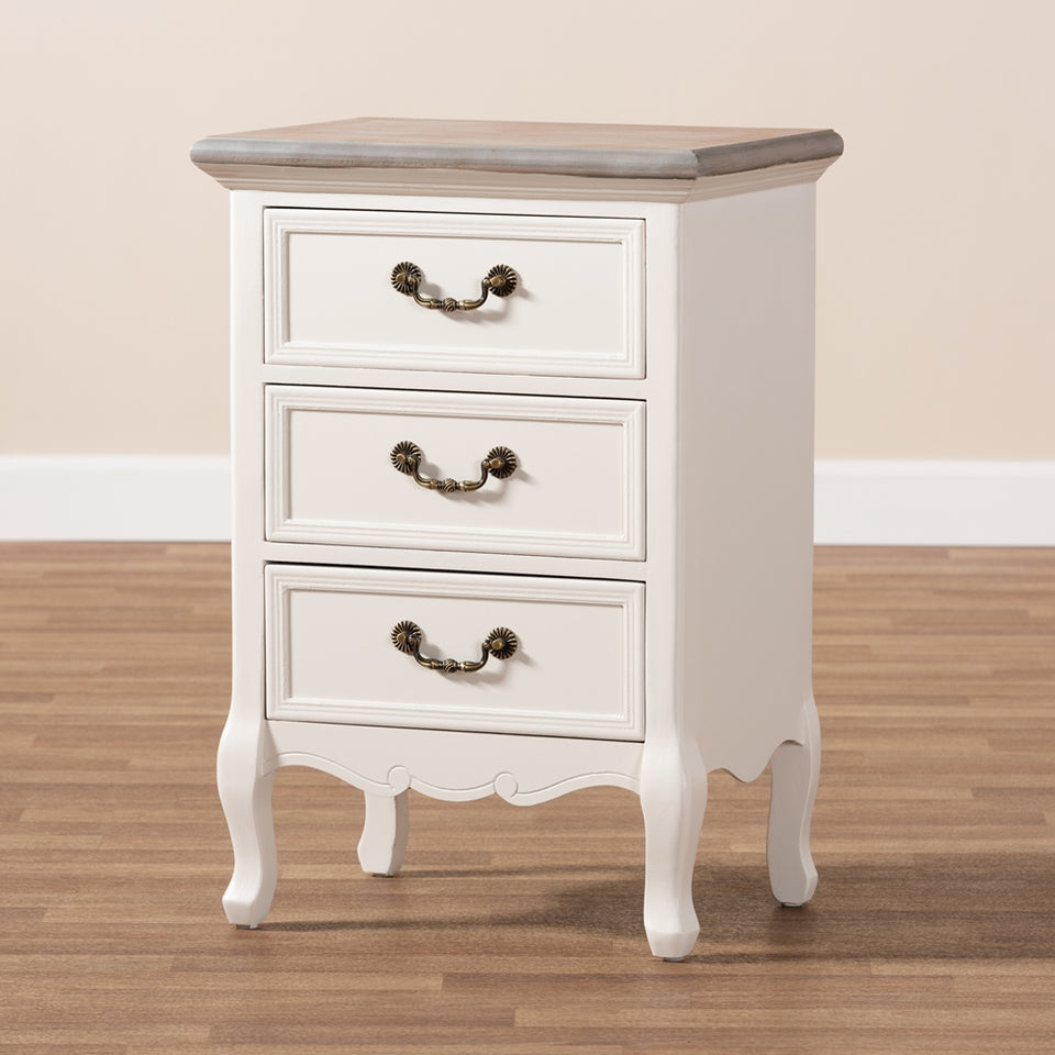 Capucine antique french country cottage two tone natural whitewashed oak and white finished wood 3-drawer nightstand.