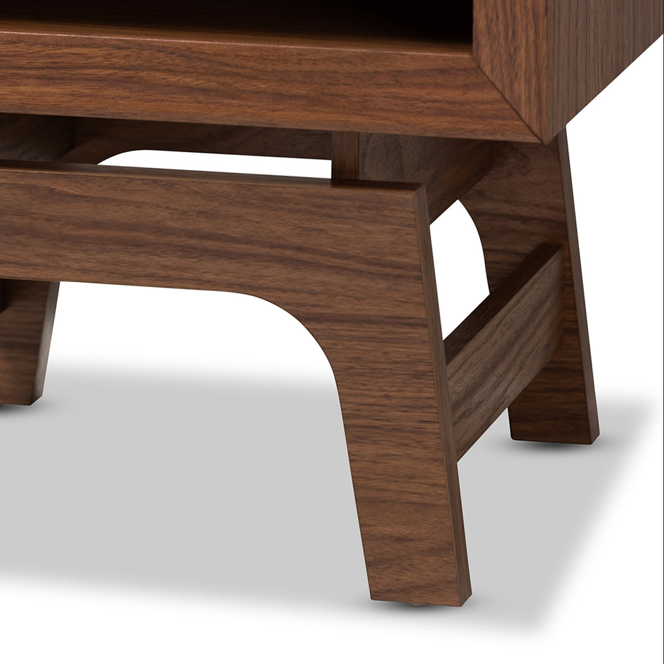 Svante mid-century modern walnut brown and dark gray finished wood 1-drawer nightstand.