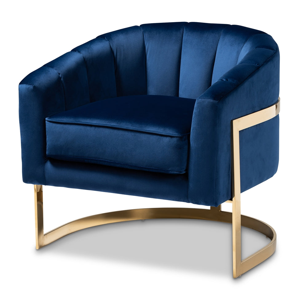 Tomasso glam royal blue velvet fabric upholstered gold-finished lounge chair.