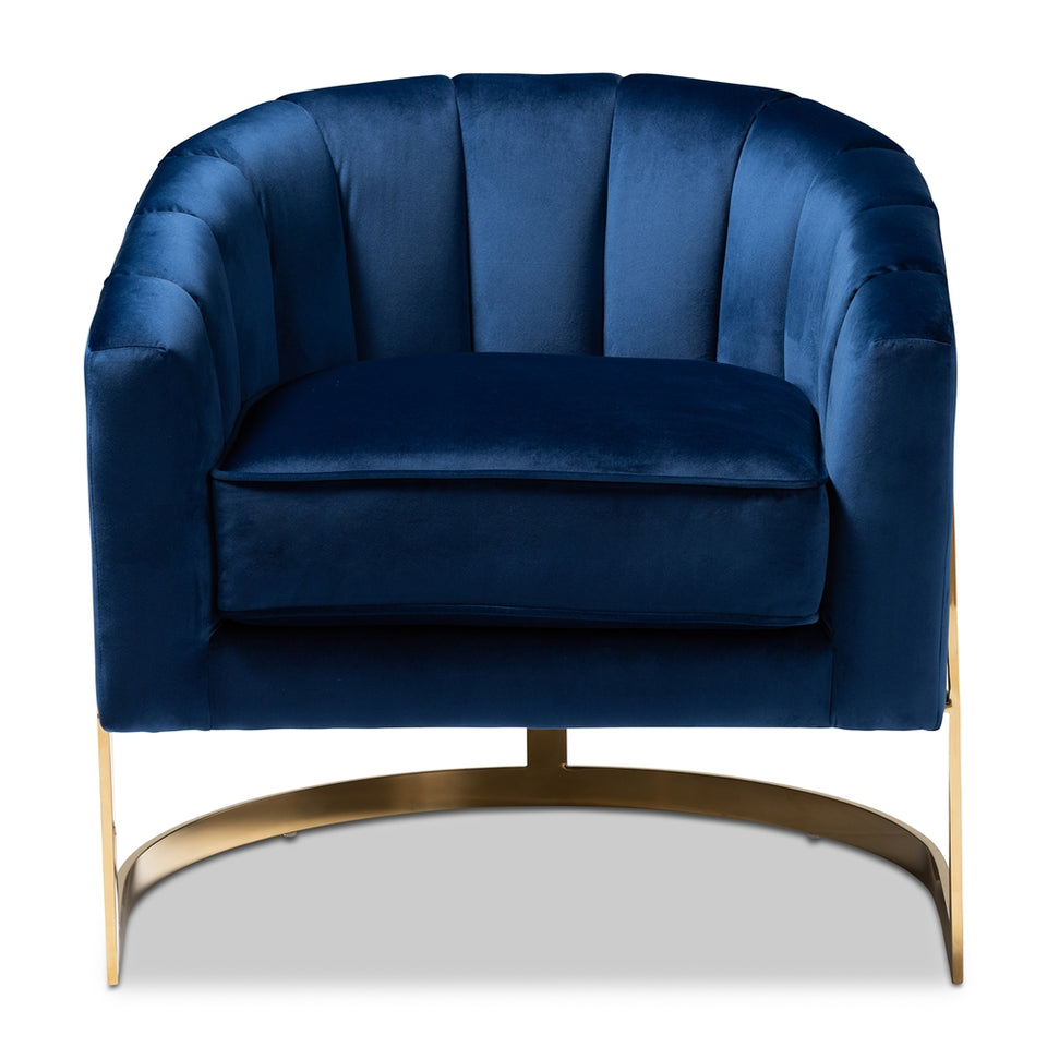 Tomasso glam royal blue velvet fabric upholstered gold-finished lounge chair.
