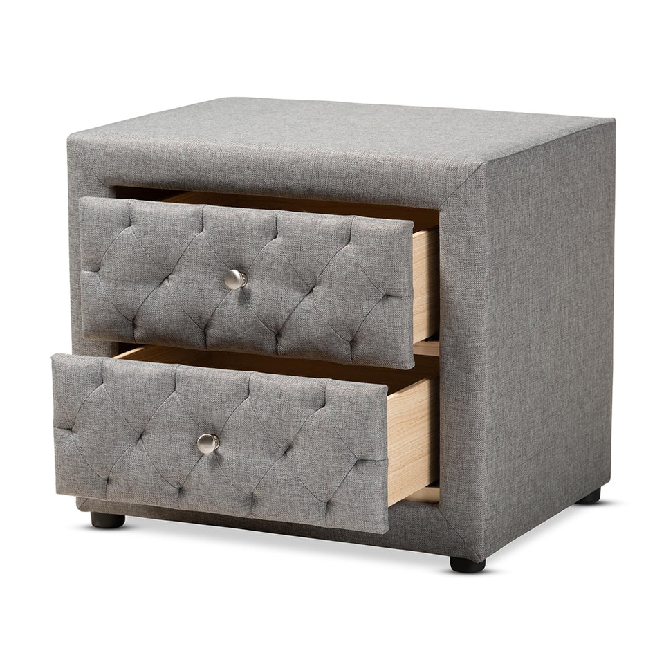 Lepine modern and contemporary gray fabric upholstered 2-drawer wood nightstand.