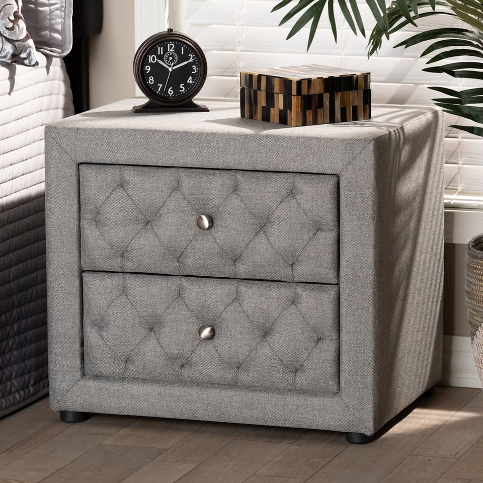 Lepine modern and contemporary gray fabric upholstered 2-drawer wood nightstand.