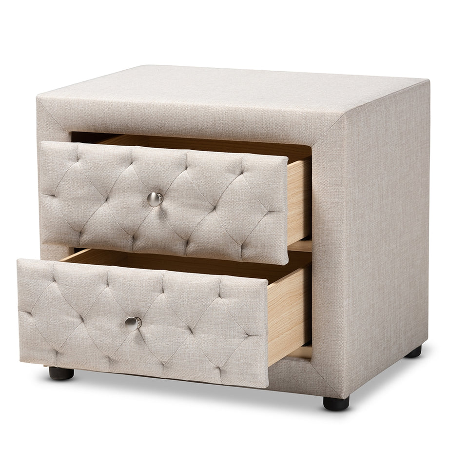 Lepine modern and contemporary light beige fabric upholstered 2-drawer wood nightstand.