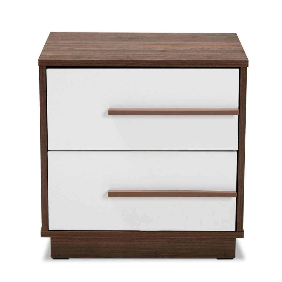 Mid-century modern two-tone white and walnut finished 2-drawer wood nightstand.