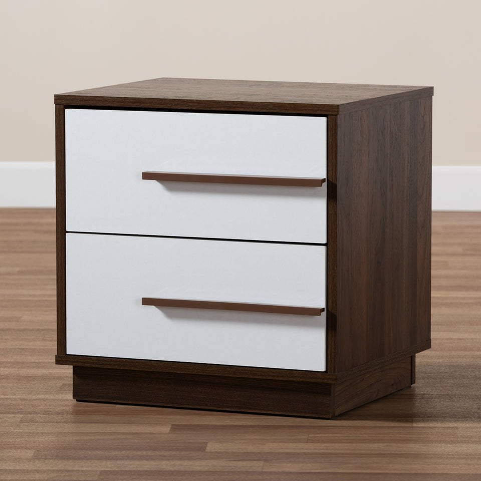 Mid-century modern two-tone white and walnut finished 2-drawer wood nightstand.