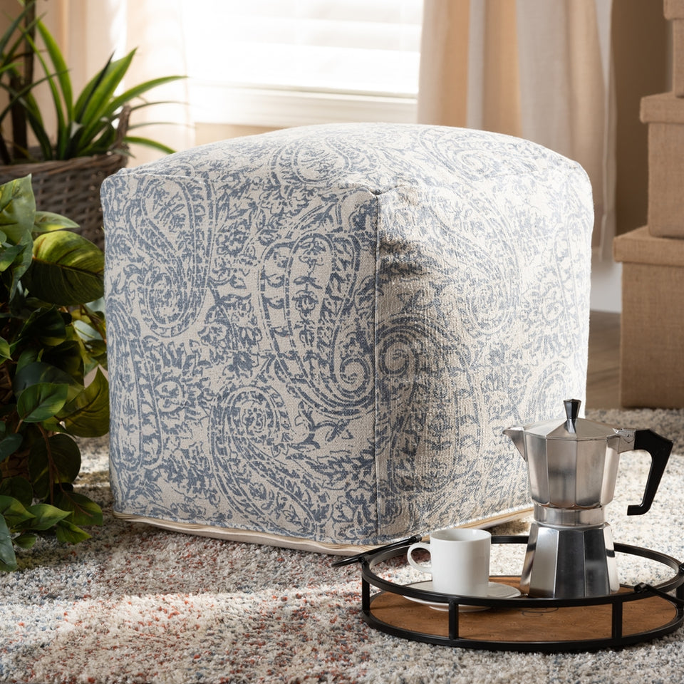 Juvita modern and contemporary handwoven cotton paisley pouf ottoman.