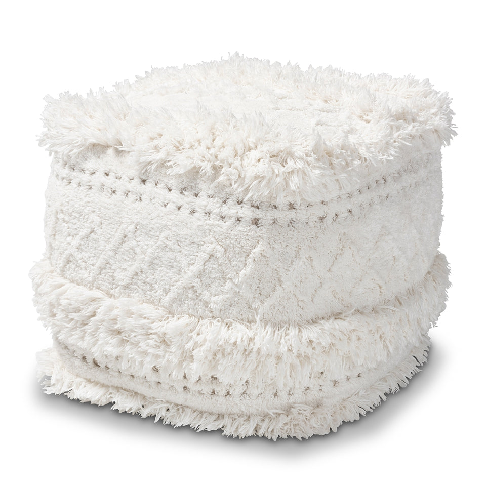 Curlew Moroccan inspired ivory handwoven cotton pouf ottoman.