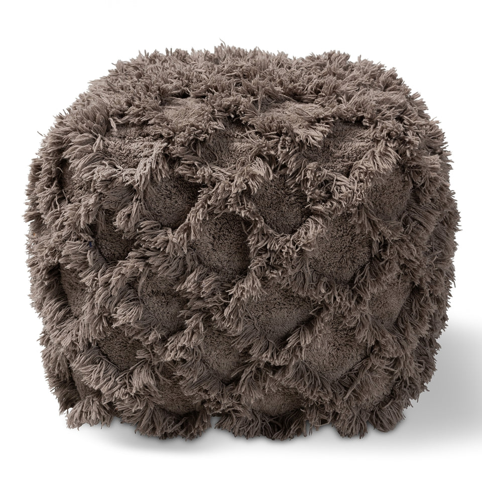 Asuka Moroccan inspired taupe handwoven cotton fringe pouf ottoman.