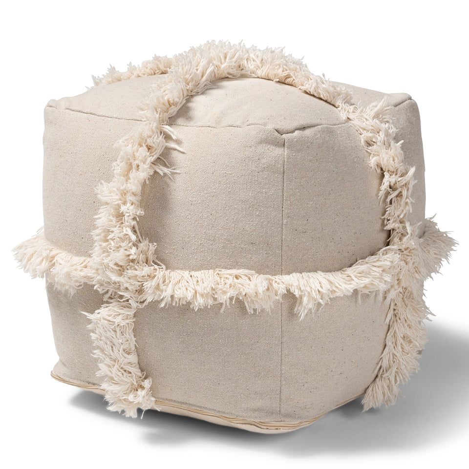 Alfro Moroccan inspired beige handwoven cotton fringe pouf ottoman.