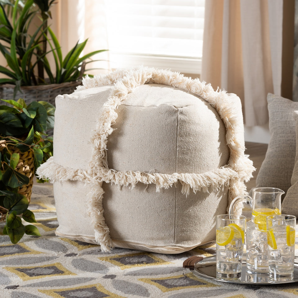Alfro Moroccan inspired beige handwoven cotton fringe pouf ottoman.