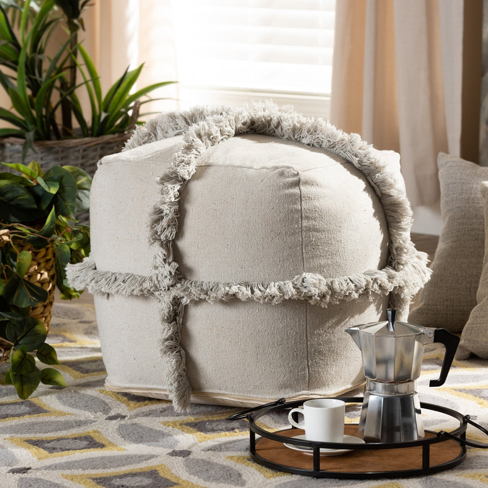 Alfro Moroccan inspired grey handwoven cotton fringe pouf ottoman.