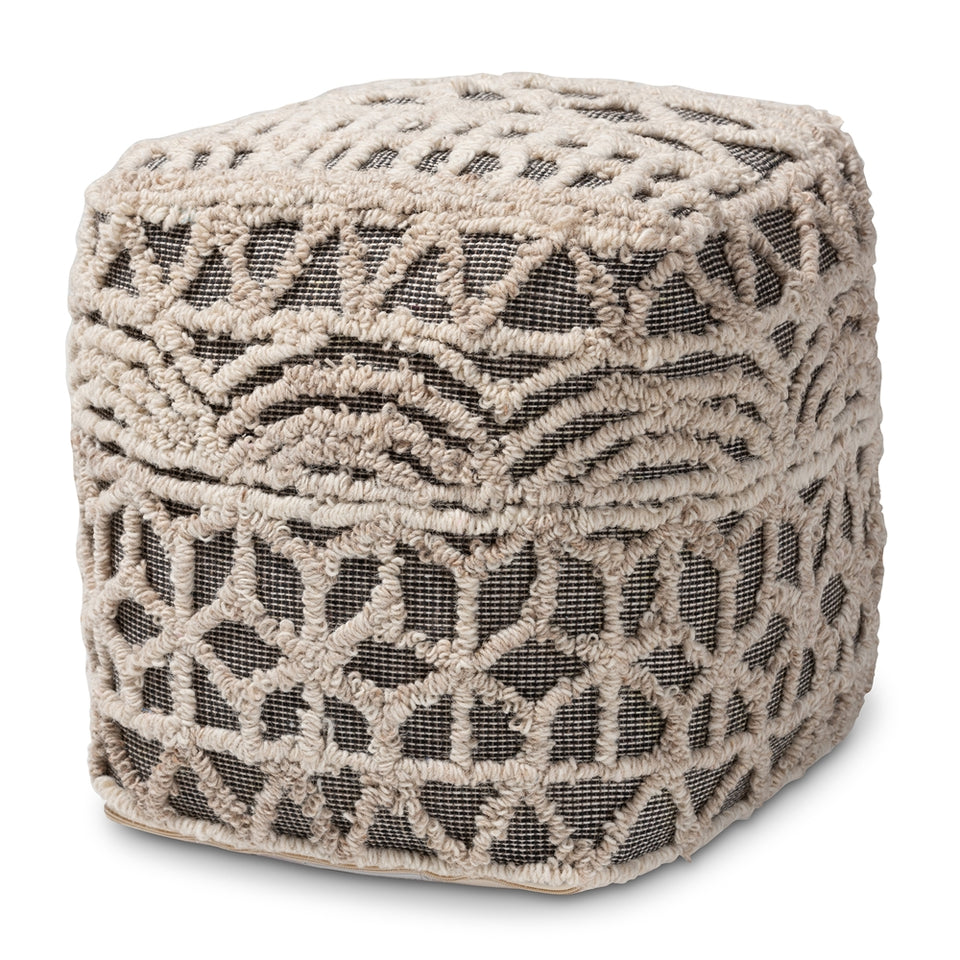 Avery Moroccan inspired beige and brown handwoven cotton pouf ottoman.