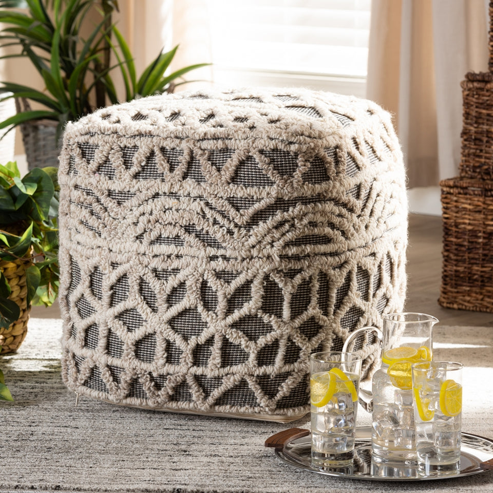 Avery Moroccan inspired beige and brown handwoven cotton pouf ottoman.