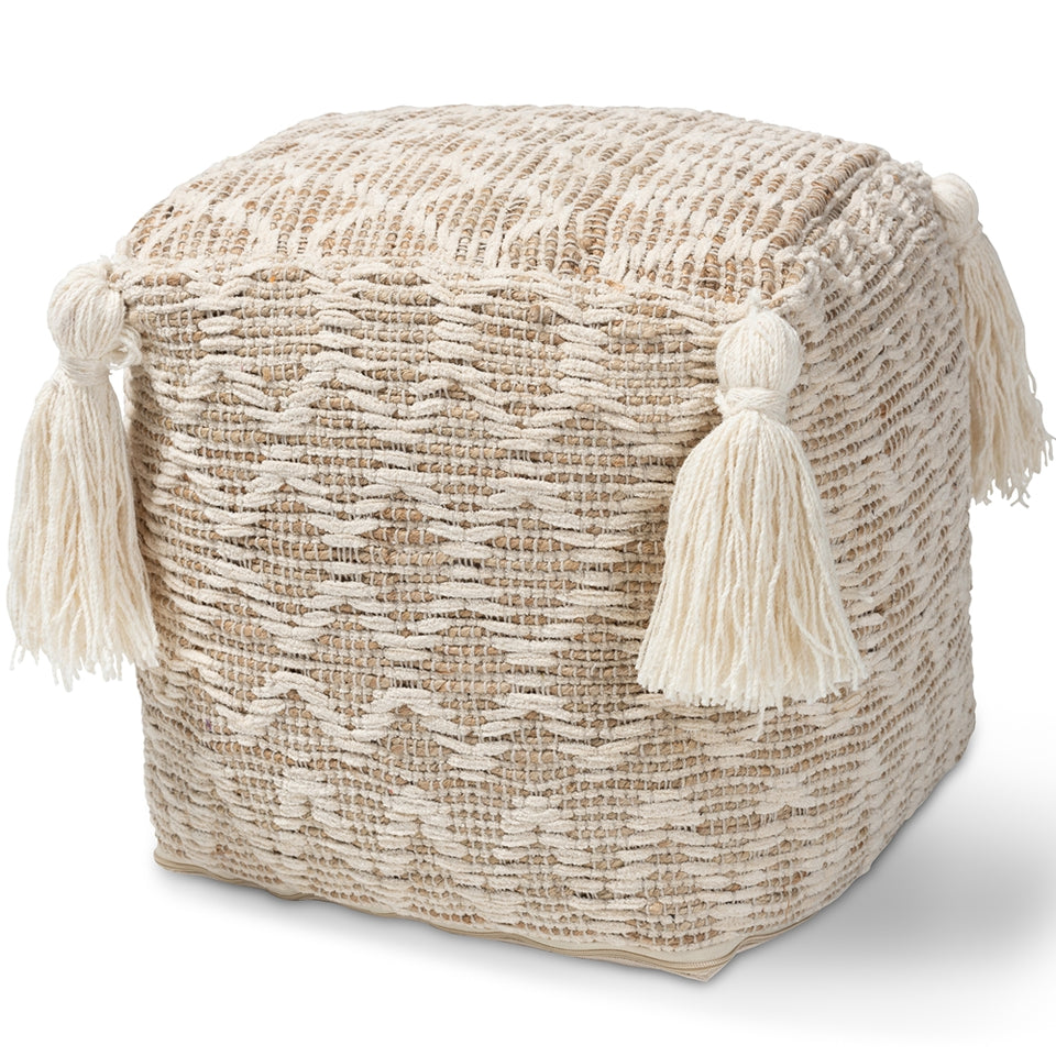 Noland Moroccan inspired natural and ivory handwoven cotton and hemp pouf ottoman.