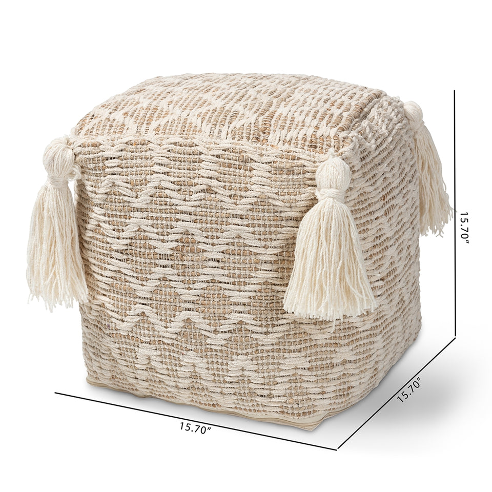 Noland Moroccan inspired natural and ivory handwoven cotton and hemp pouf ottoman.