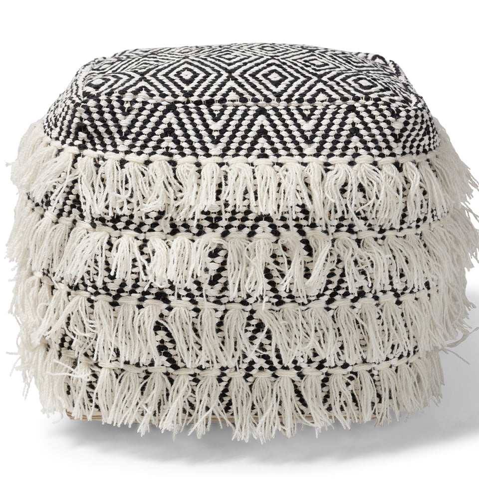 Alain Moroccan inspired black and ivory handwoven wool tassel pouf ottoman.
