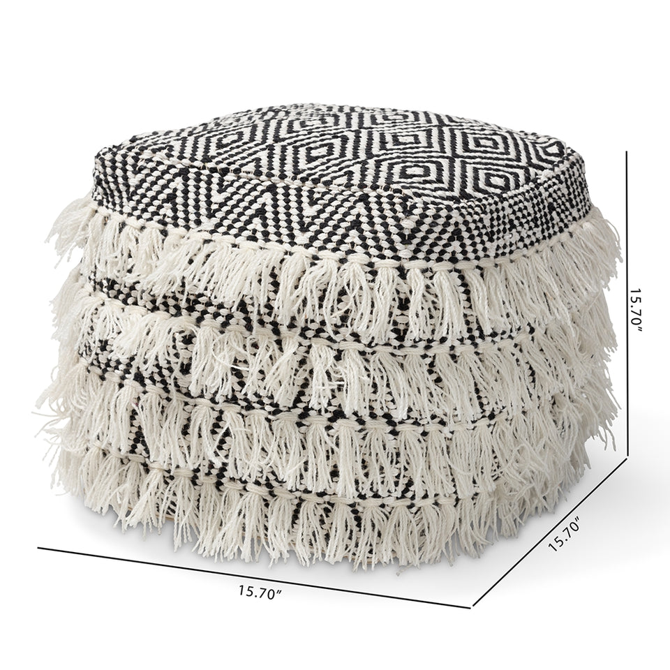 Alain Moroccan inspired black and ivory handwoven wool tassel pouf ottoman.
