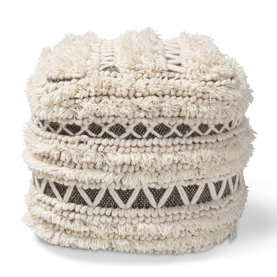 Vesey Moroccan inspired beige and brown handwoven wool pouf ottoman.
