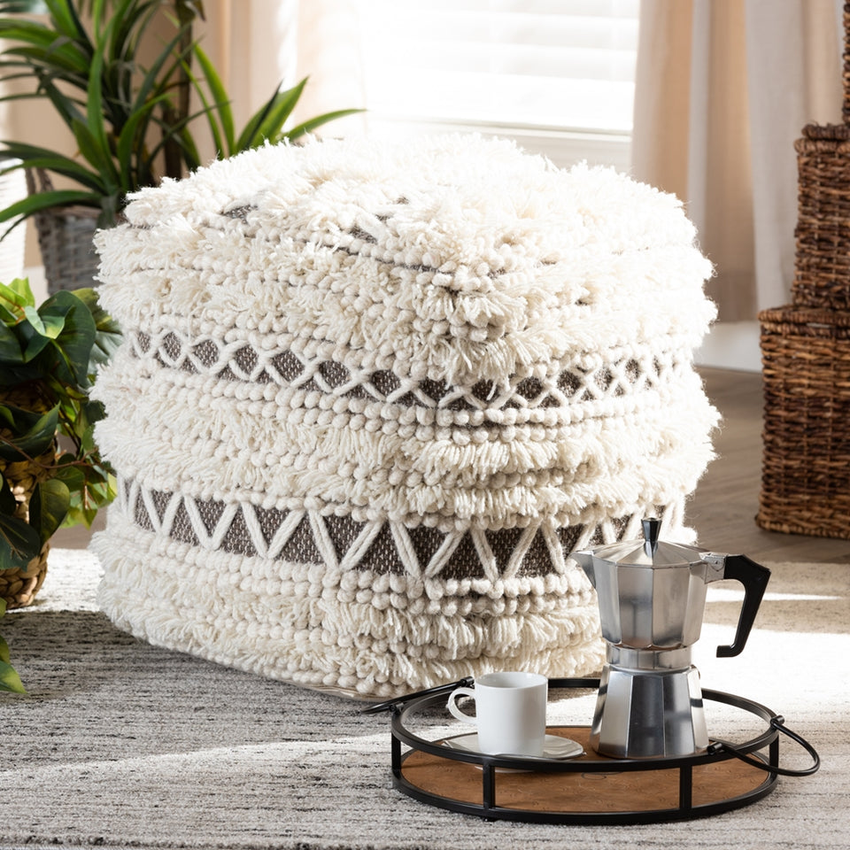 Vesey Moroccan inspired beige and brown handwoven wool pouf ottoman.