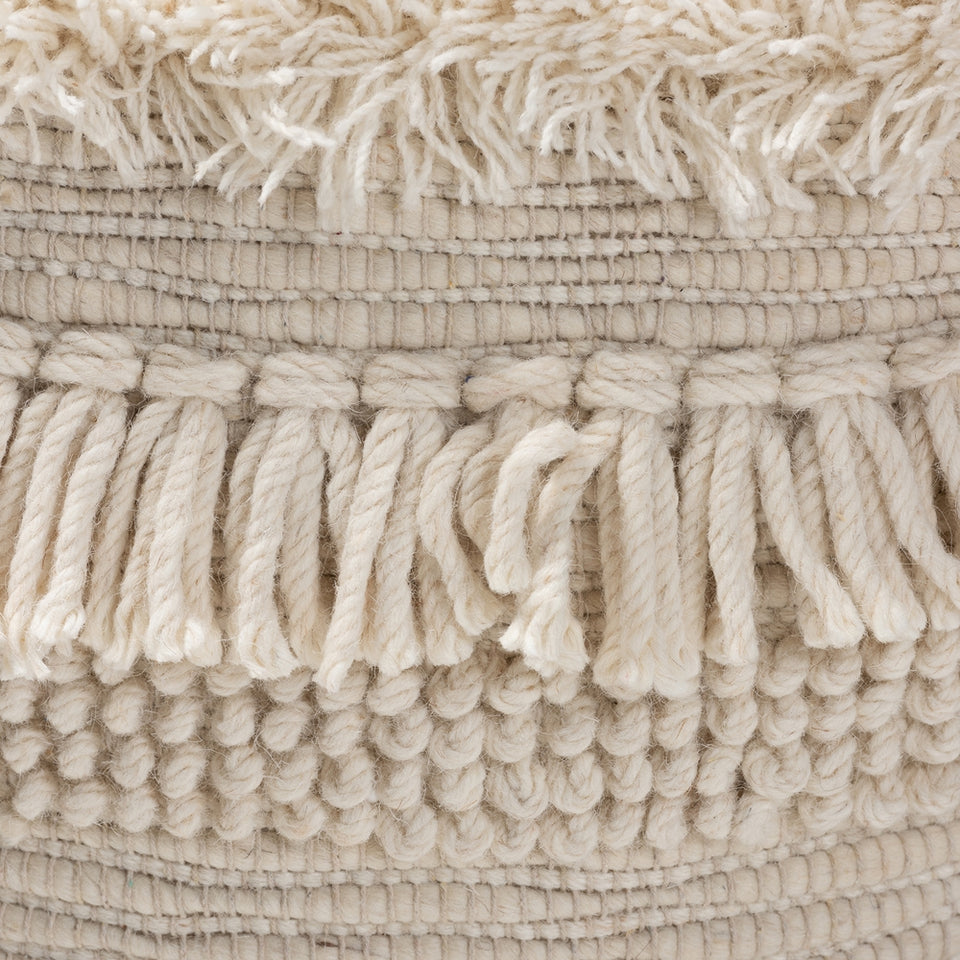 Bartow Moroccan inspired beige handwoven cotton pouf ottoman.
